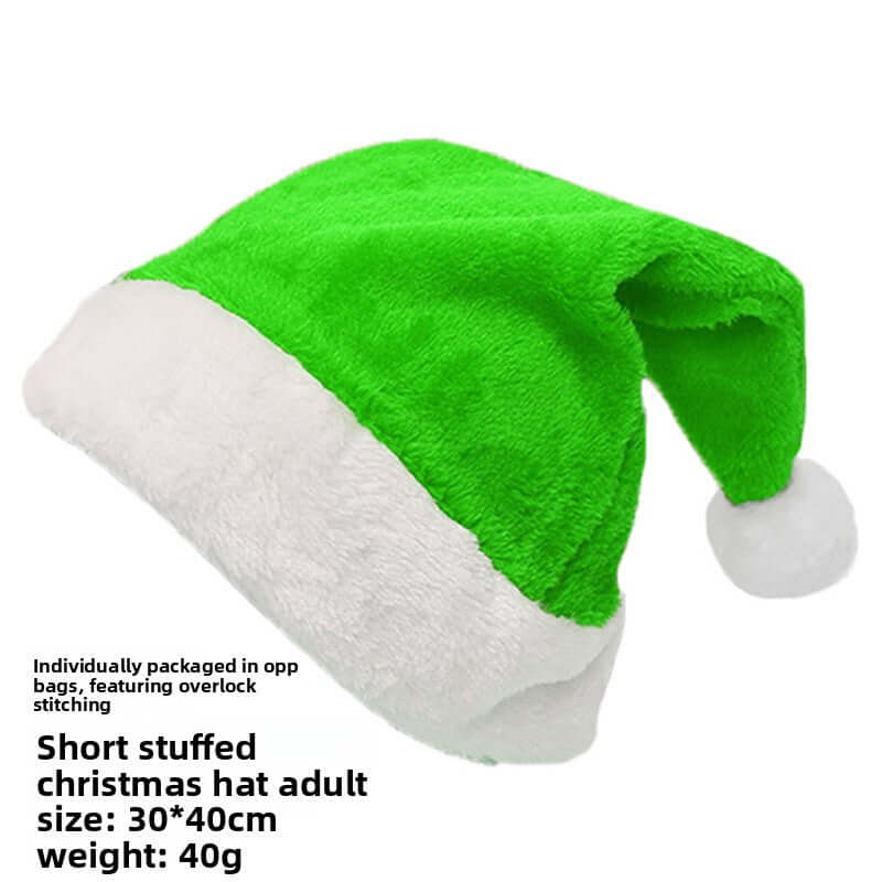 Christmas Short Plush Hat in vibrant green with white trim, perfect for festive holiday celebrations.