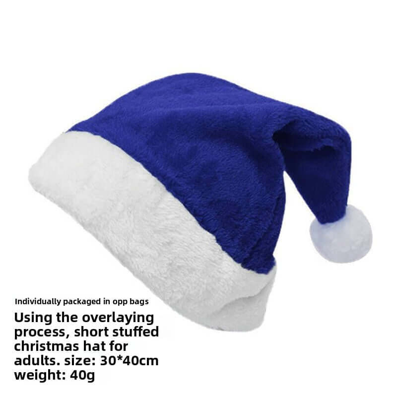 Christmas Short Plush Hat in blue with white trim, perfect for holiday parties and celebrations.