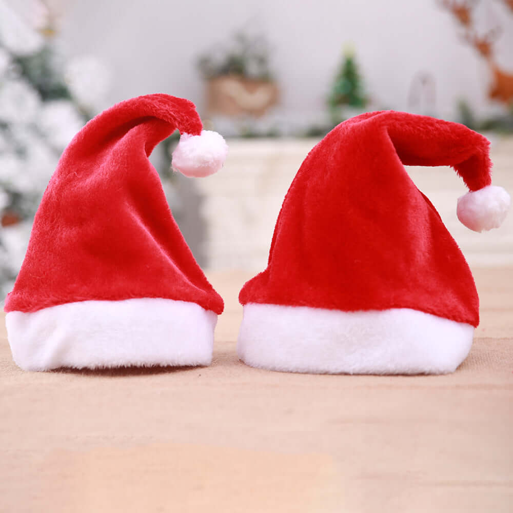 Christmas Short Plush Hat set on a table, featuring festive red and white design, perfect for holiday parties.