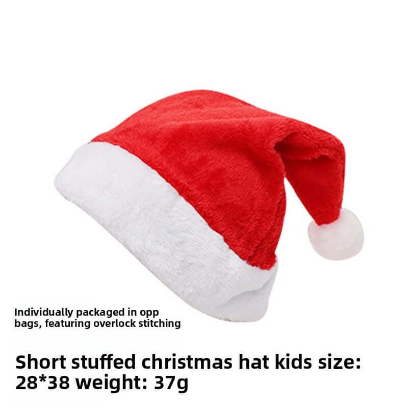 Christmas Short Plush Hat, red plush with white trim, kids size, perfect for festive celebrations.