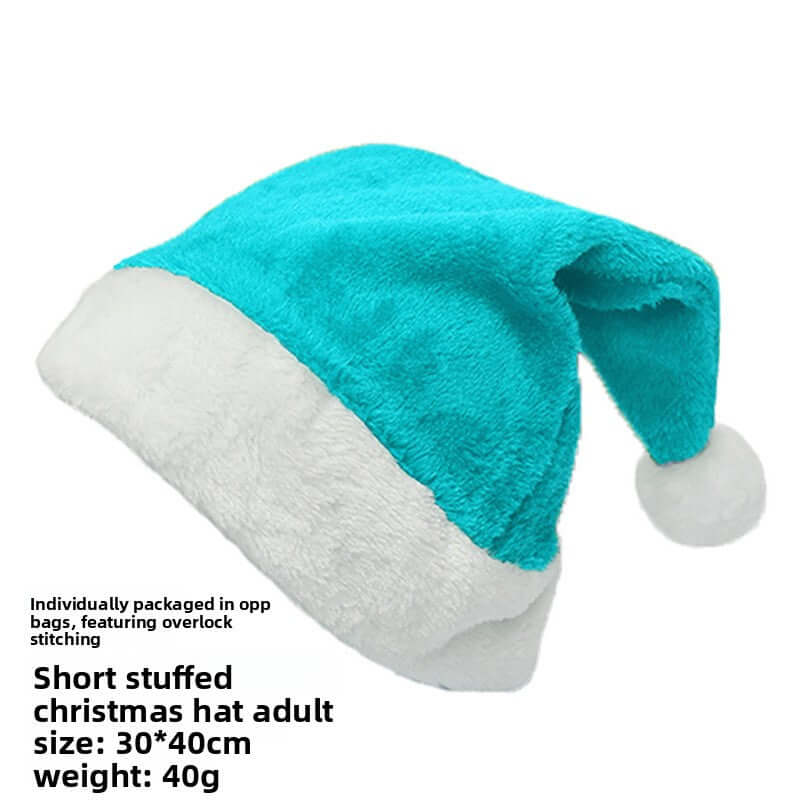Christmas Short Plush Hat in turquoise with white brim and pom-pom, perfect for festive holiday celebrations.